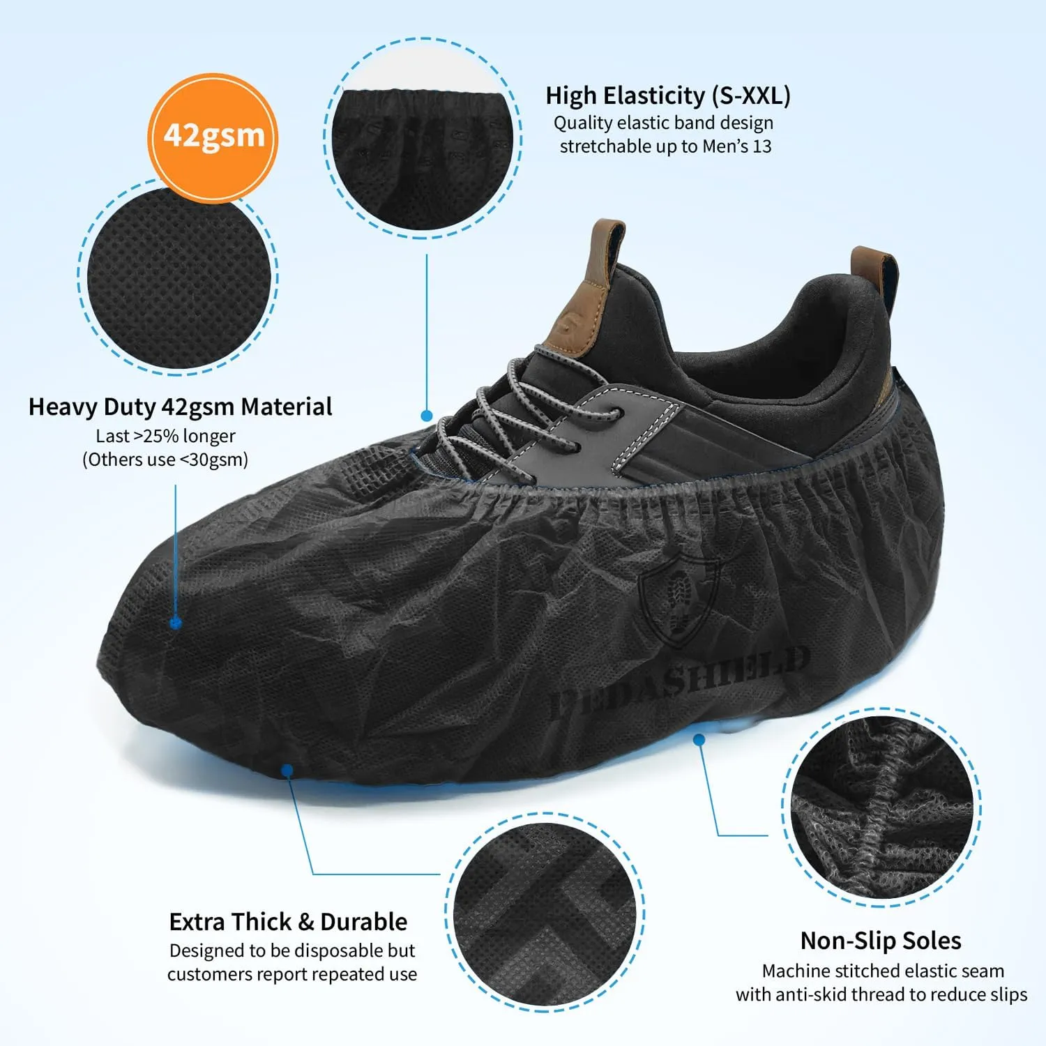 330 Premium XL Booties -Thick Extra Large Disposable Boot & Shoe Covers, Non Slip Foot Protectors, Construction Durable 42GSM for Indoors Outdoors, Up to US Men 13, Women 15 - Black