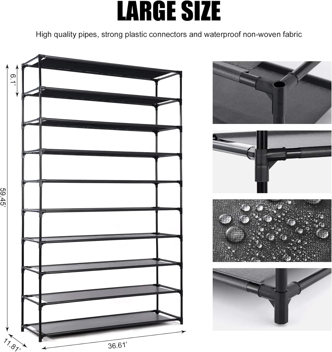 50 Pairs Shoe Rack,10 Tiers Shoe Rack Organizer for Bedroom/Closet/Entryway, Non-Woven Fabric Shoe Storage, Space Saving Shoe Shelf, Black (BLACK-1)