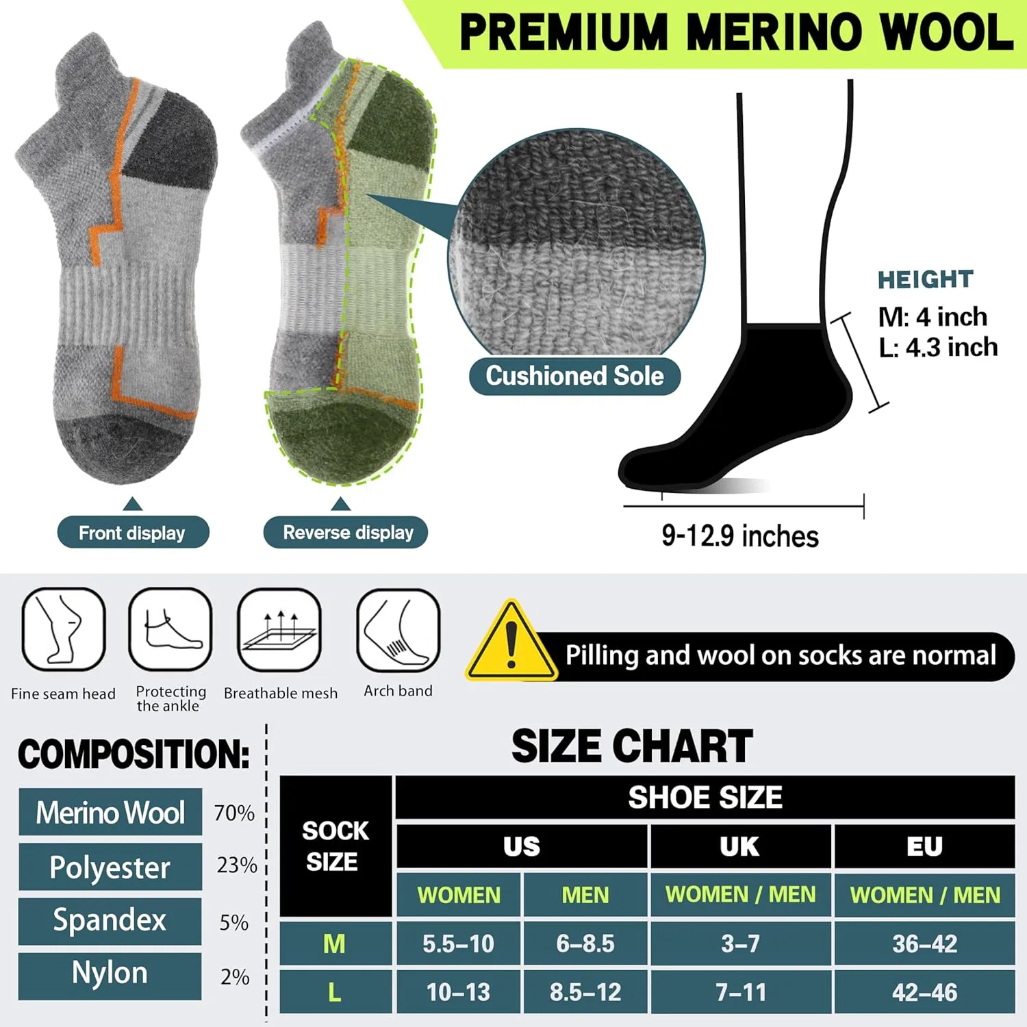6 Pairs Merino Wool Ankle Hiking Running Socks Compression Support Thick Athletic Low Cut Socks for Women Men