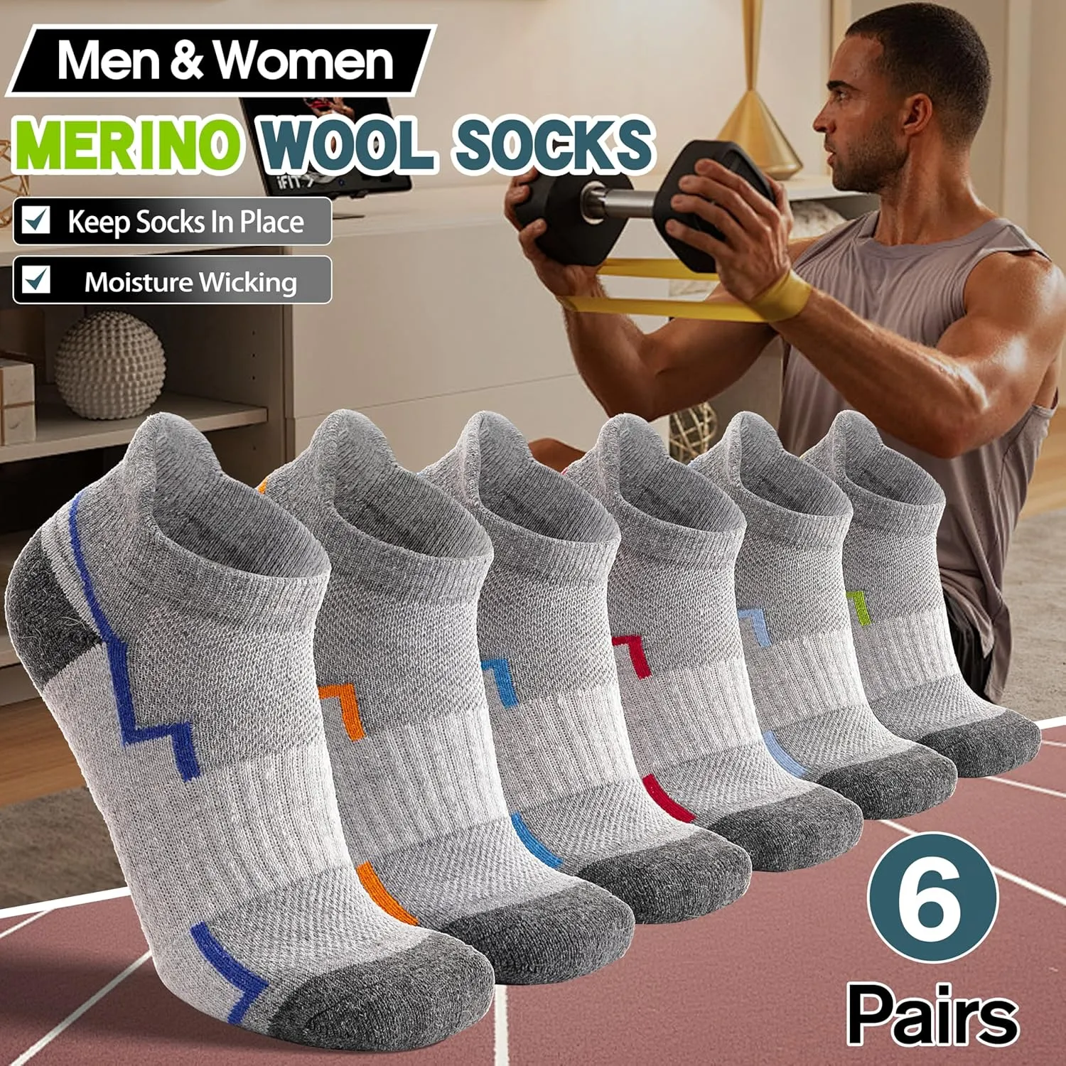 6 Pairs Merino Wool Ankle Hiking Running Socks Compression Support Thick Athletic Low Cut Socks for Women Men