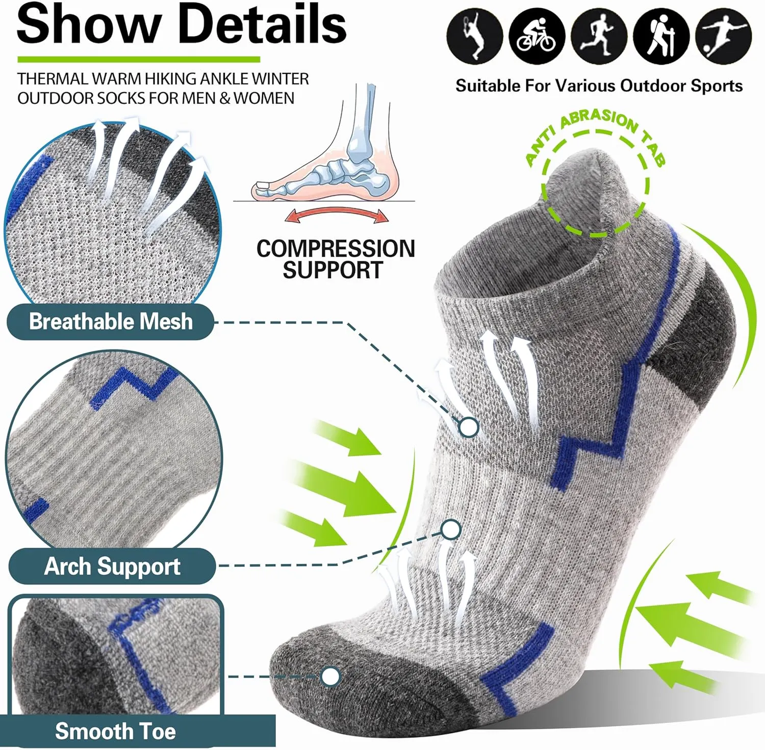 6 Pairs Merino Wool Ankle Hiking Running Socks Compression Support Thick Athletic Low Cut Socks for Women Men