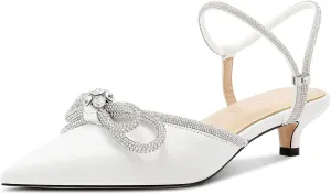 Aachcol Womens Close Toe Rhinestone Bow Kitten Heels Pointed Toe Low Heel Bow Pumps Adjustable Ankle Strap Bridal Prom Wedding Dress Shoes