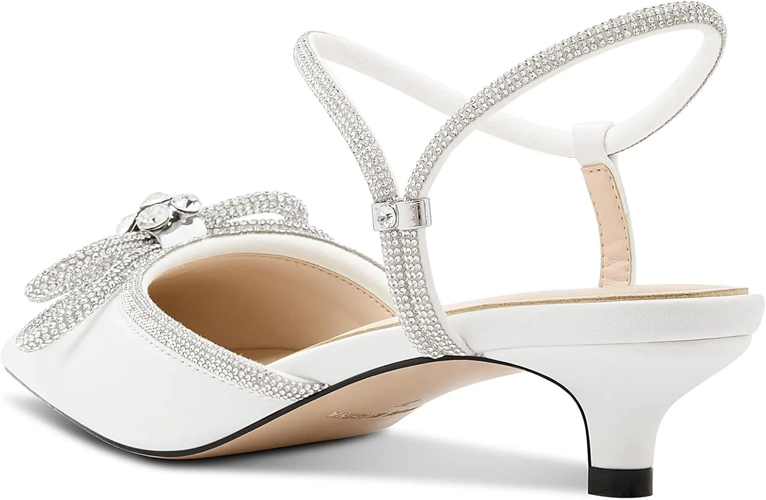 Aachcol Womens Close Toe Rhinestone Bow Kitten Heels Pointed Toe Low Heel Bow Pumps Adjustable Ankle Strap Bridal Prom Wedding Dress Shoes