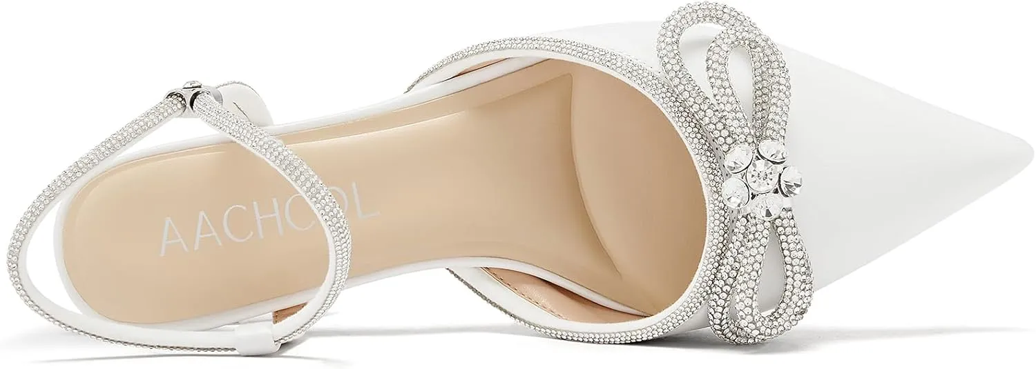 Aachcol Womens Close Toe Rhinestone Bow Kitten Heels Pointed Toe Low Heel Bow Pumps Adjustable Ankle Strap Bridal Prom Wedding Dress Shoes