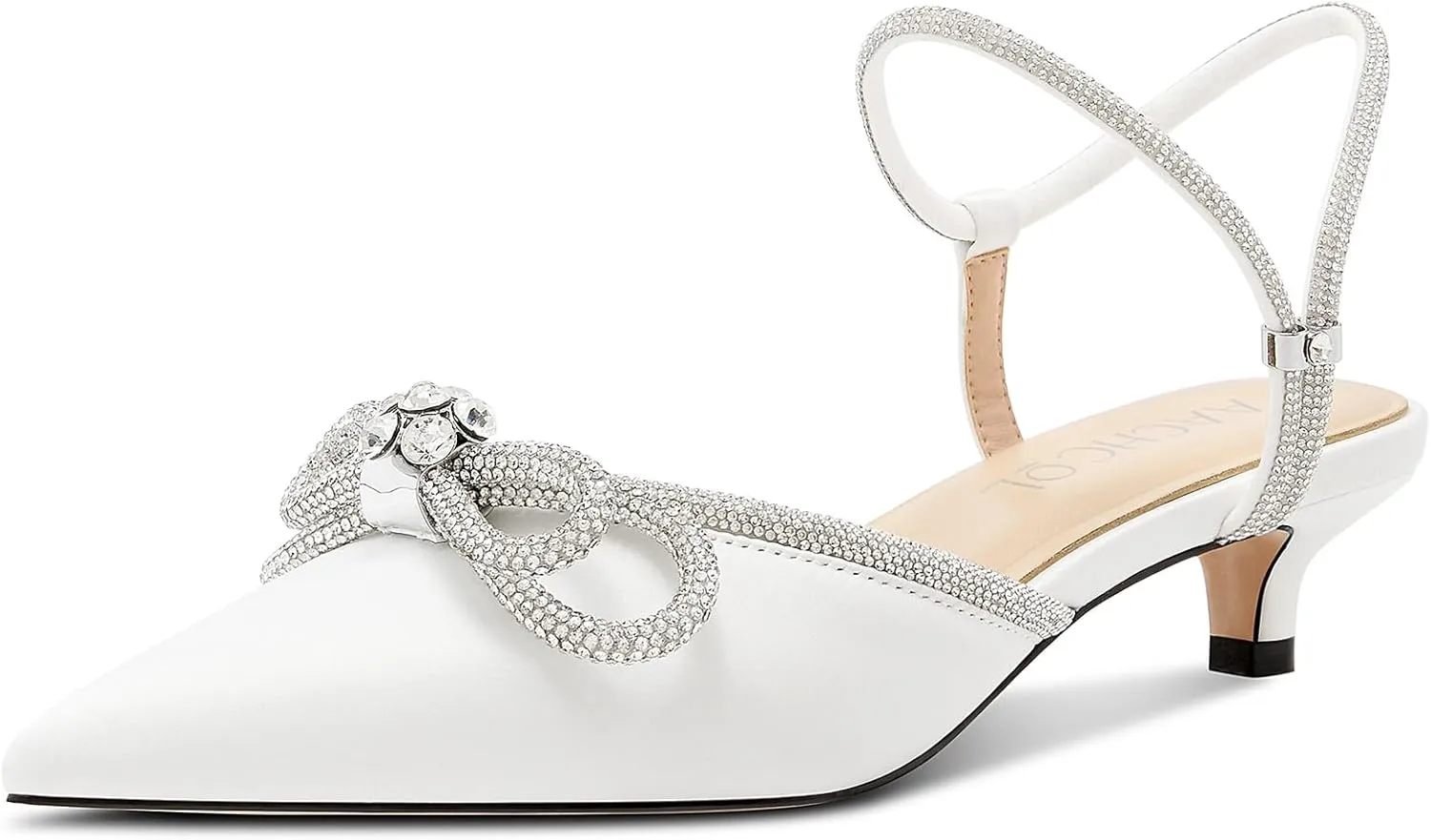 Aachcol Womens Close Toe Rhinestone Bow Kitten Heels Pointed Toe Low Heel Bow Pumps Adjustable Ankle Strap Bridal Prom Wedding Dress Shoes