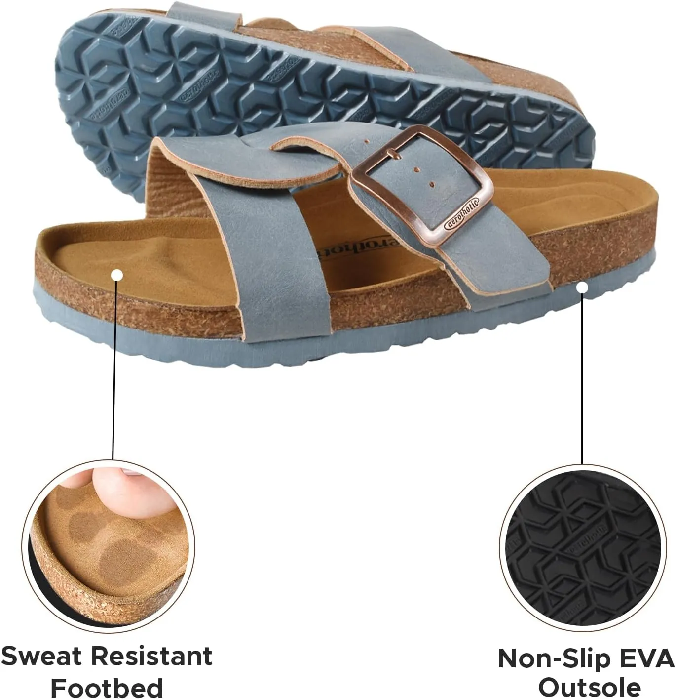 AEROTHOTIC Cork Recovery Slides for Women with Plantar Fasciitis Relief Comfortable Suede Footbed with Adjustable Buckle Cross Strappy Slip on Casual Travel Walking Beach Ladies Sandals