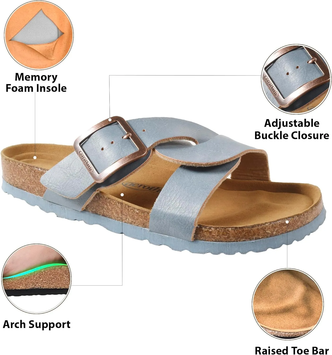 AEROTHOTIC Cork Recovery Slides for Women with Plantar Fasciitis Relief Comfortable Suede Footbed with Adjustable Buckle Cross Strappy Slip on Casual Travel Walking Beach Ladies Sandals