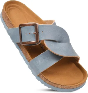 AEROTHOTIC Cork Recovery Slides for Women with Plantar Fasciitis Relief Comfortable Suede Footbed with Adjustable Buckle Cross Strappy Slip on Casual Travel Walking Beach Ladies Sandals