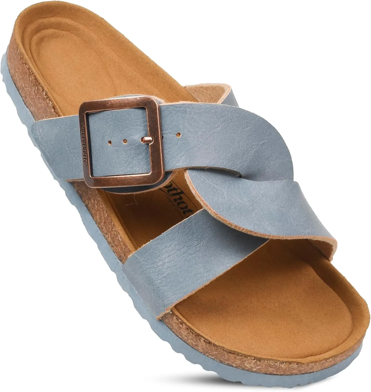 AEROTHOTIC Cork Recovery Slides for Women with Plantar Fasciitis Relief Comfortable Suede Footbed with Adjustable Buckle Cross Strappy Slip on Casual Travel Walking Beach Ladies Sandals