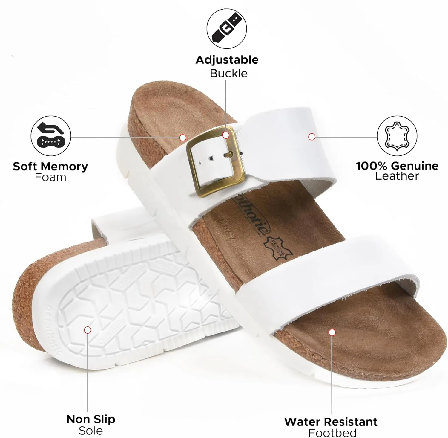 AEROTHOTIC Genuine Leather Slides for Women with Arch Support Comfortable Adjustable Buckle Double Straps with Memory Foam Footbed Slip On Cork Sandals