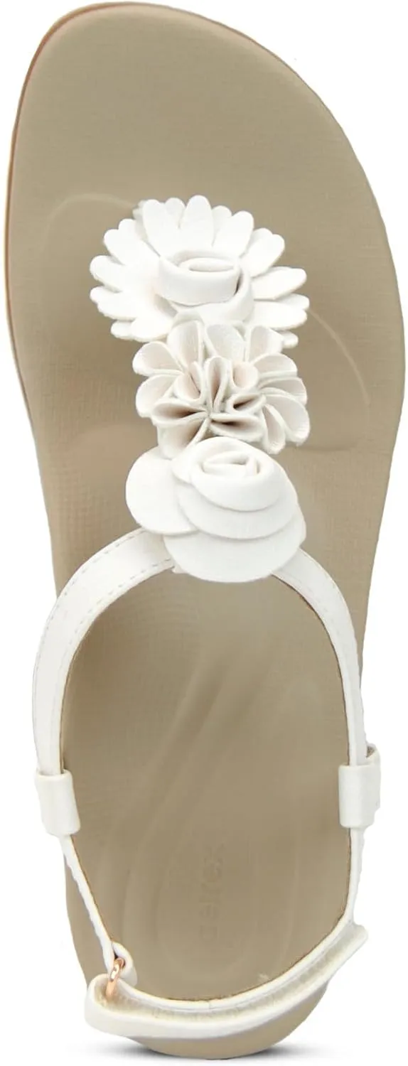 Aetrex Women's Charli Water-Friendly Orthopedic Leather Thong Sandals for Women - Arch Support Adjustable Floral Embellished Flat Sandals for Women w/Pressure Relief Design