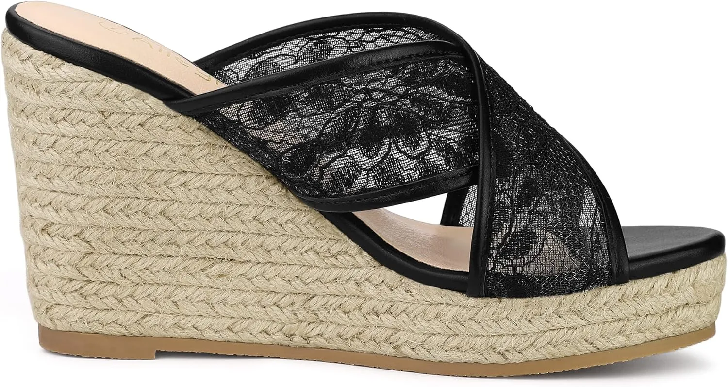 Allegra K Women's Lace Crisscross Strap Slide Wedges Wedge Espadrilles Sandals