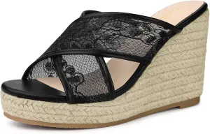 Allegra K Women's Lace Crisscross Strap Slide Wedges Wedge Espadrilles Sandals