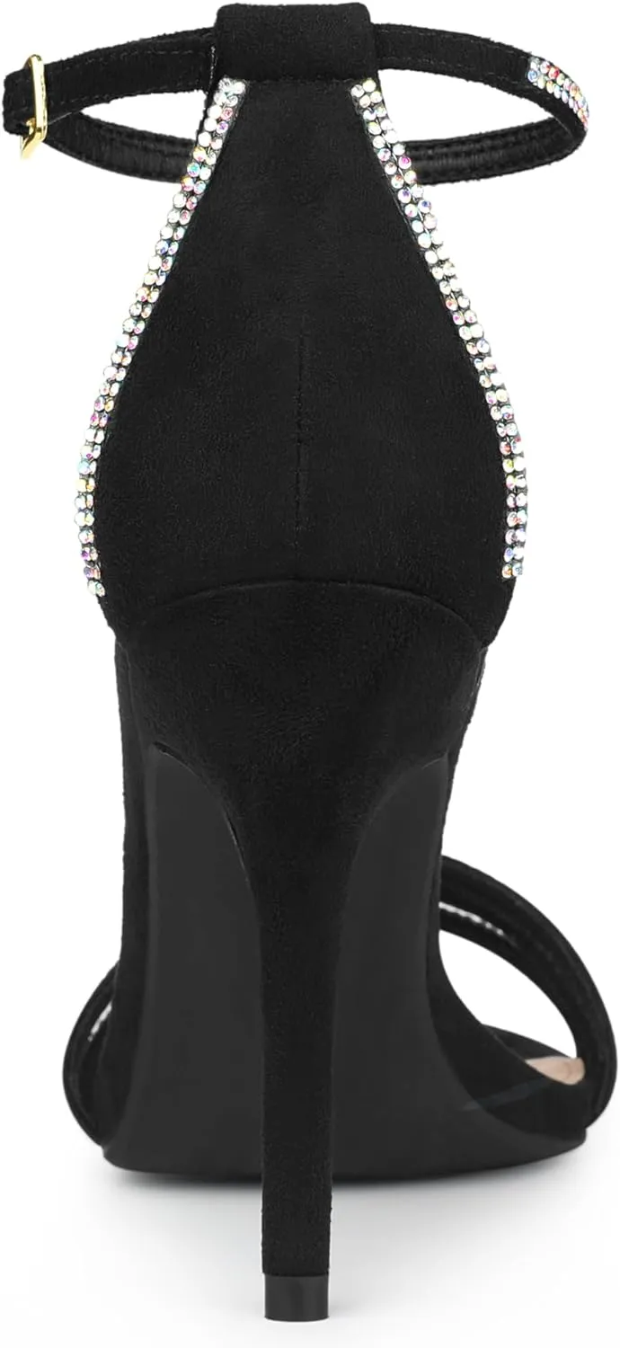 Allegra K Women's Rhinestone Ankle Strap Open Toe Stiletto Heeled Sandals