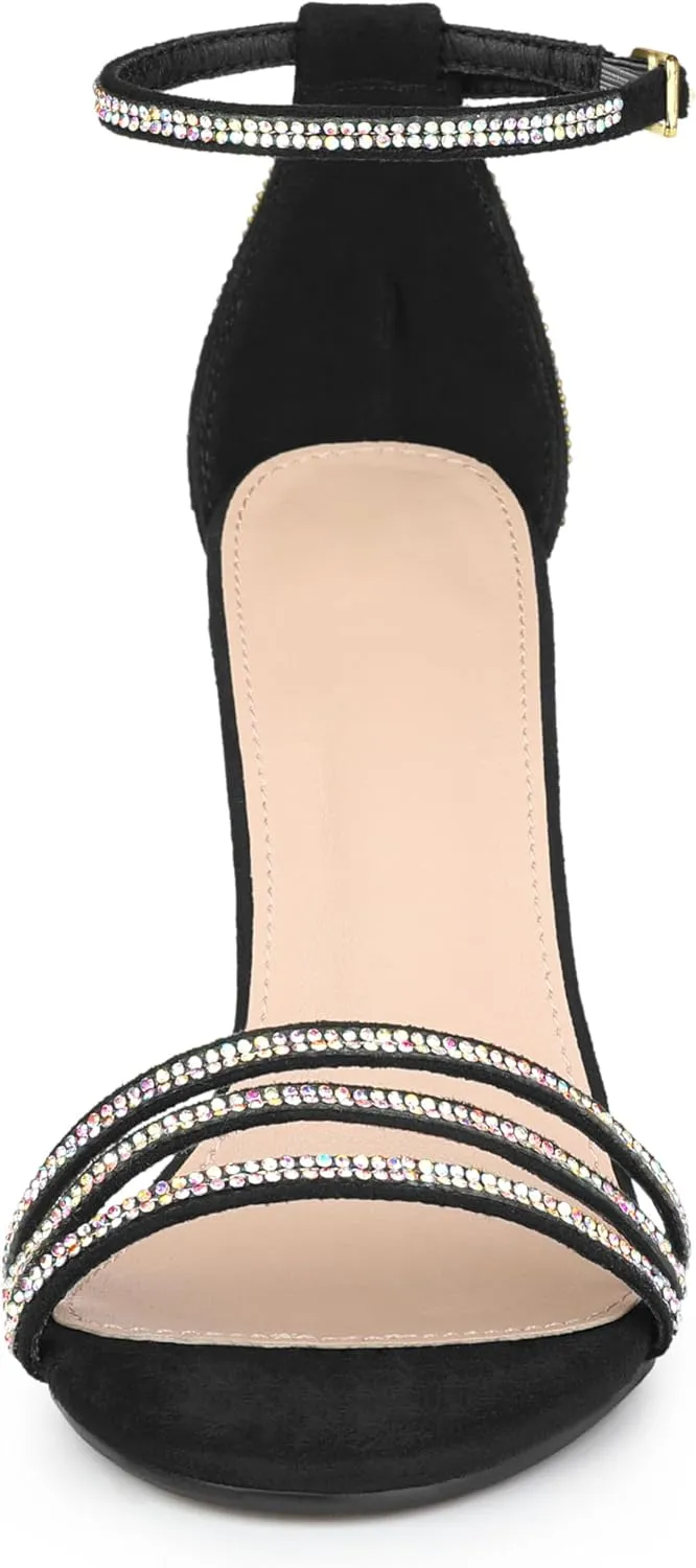 Allegra K Women's Rhinestone Ankle Strap Open Toe Stiletto Heeled Sandals