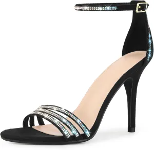 Allegra K Women's Rhinestone Ankle Strap Open Toe Stiletto Heeled Sandals