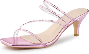 Allegra K Women's Rhinestone Strappy Kitten Heel Slide Heels Sandals