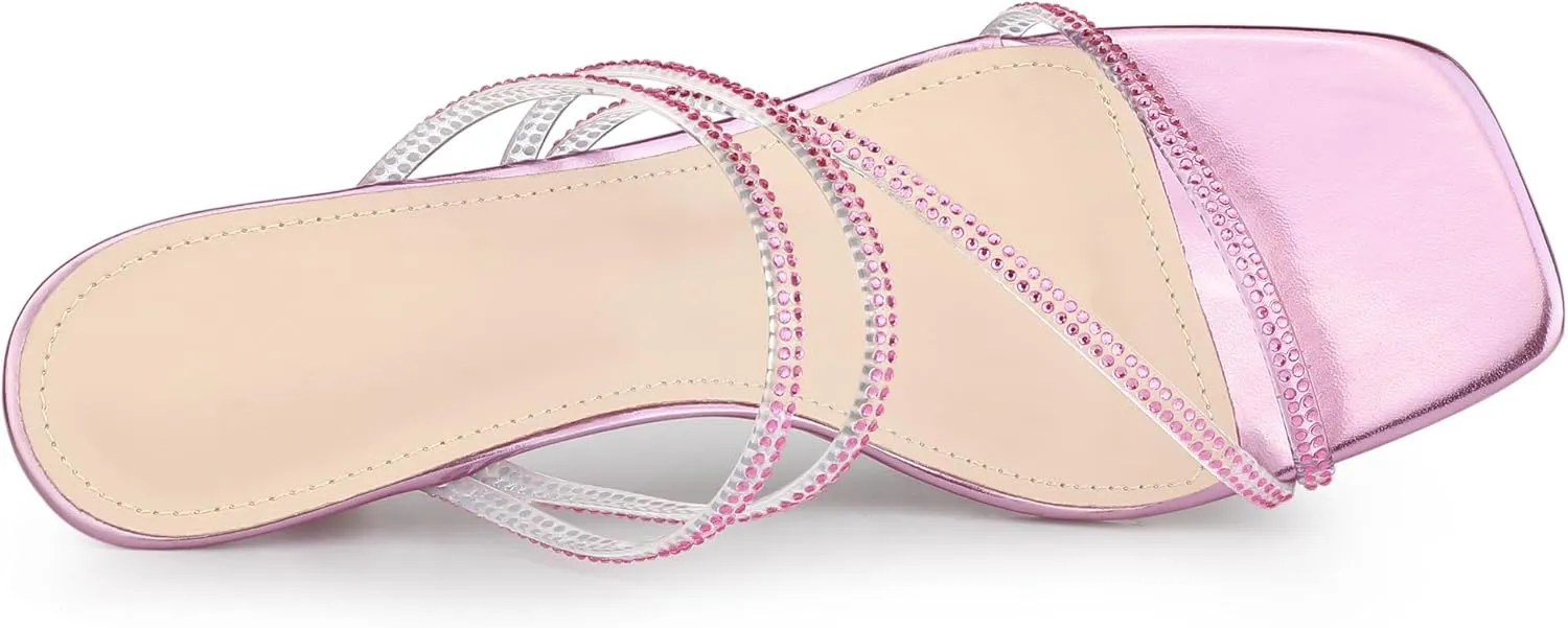 Allegra K Women's Rhinestone Strappy Kitten Heel Slide Heels Sandals