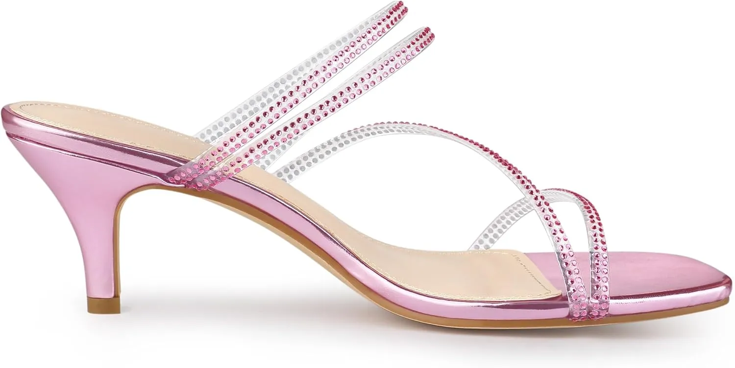 Allegra K Women's Rhinestone Strappy Kitten Heel Slide Heels Sandals