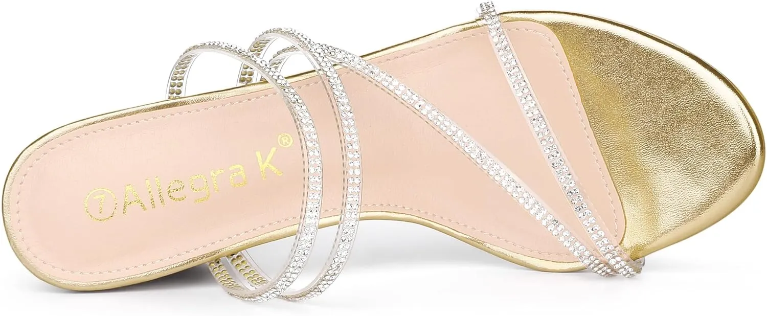 Allegra K Women's Strappy Rhinestone Block Heel Slide Sandals