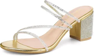 Allegra K Women's Strappy Rhinestone Block Heel Slide Sandals