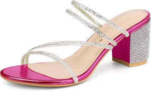 Allegra K Women's Strappy Rhinestone Block Heel Slide Sandals