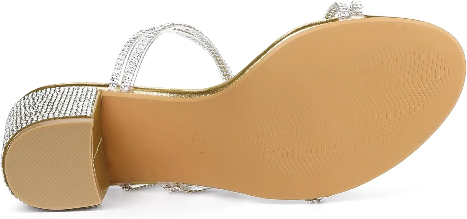 Allegra K Women's Strappy Rhinestone Block Heel Slide Sandals