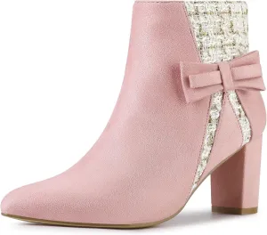 Allegra K Women's Tweed Plaid Heels Boot Bow Block Heels Ankle Boots