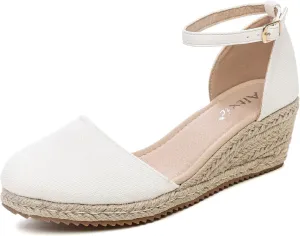 Altxic Women's Closed Toe Canvas Ankle Strap Espadrilles Wedge Sandals