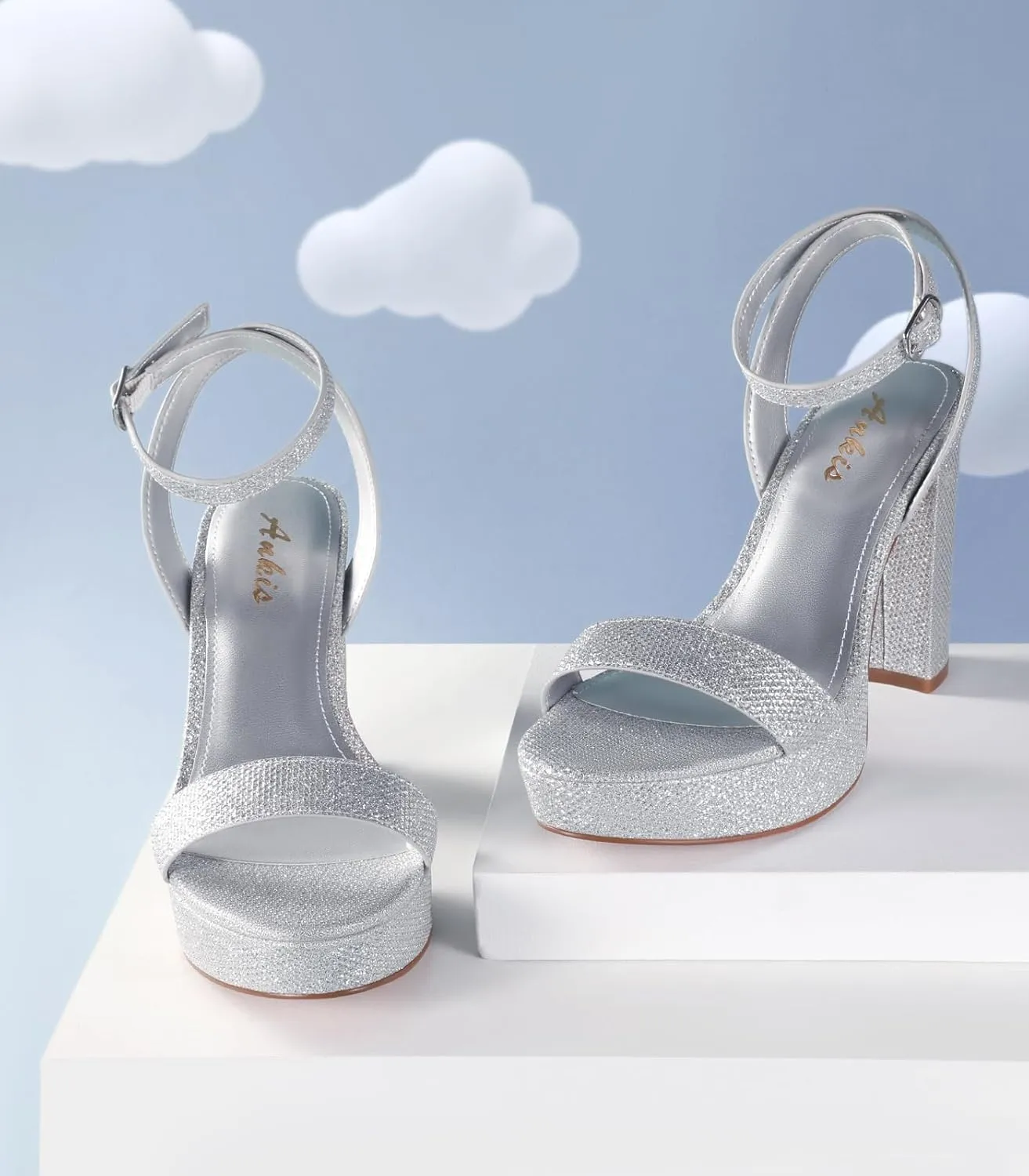 Ankis Platform Heels for Women 4 Inches Chunky Heels Sandals for Women Comfy Open Toe Block Heeled Sandals Nude White Silver Gold Black Ankle Strappy Heels for Women