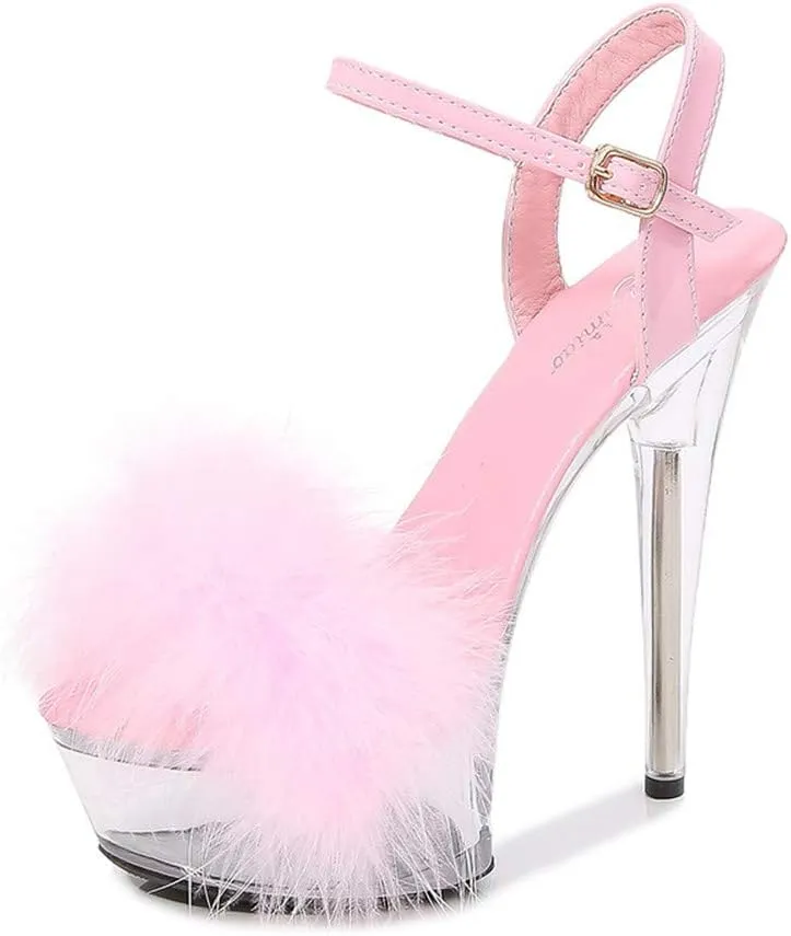 Ankle Strap Clear Platform Furry Sandals Heels Stiletto