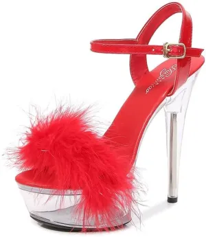 Ankle Strap Clear Platform Furry Sandals Heels Stiletto