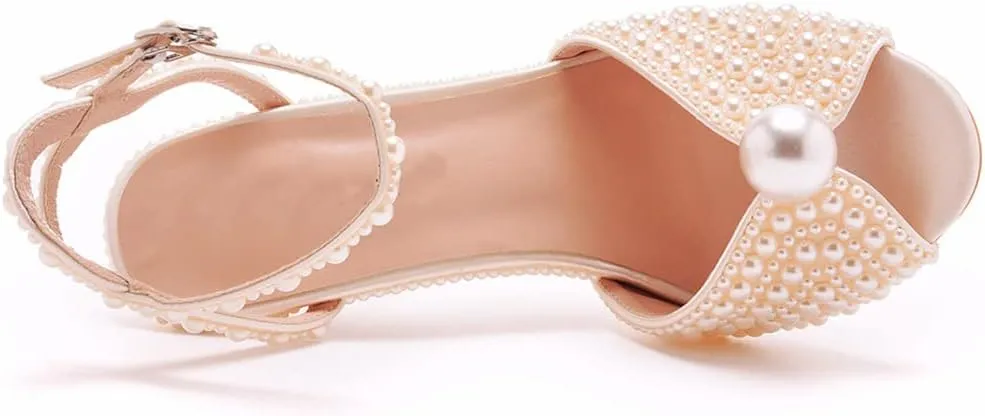 Arqa Pearl Heels for Women Peep Toe Ankle Strap Sandals Satin Wedding High Heels Dress Slingback Stiletto