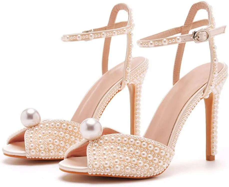 Arqa Pearl Heels for Women Peep Toe Ankle Strap Sandals Satin Wedding High Heels Dress Slingback Stiletto