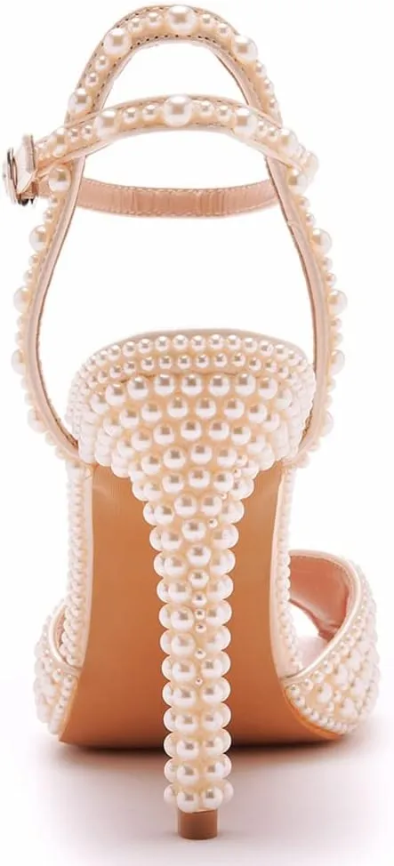 Arqa Pearl Heels for Women Peep Toe Ankle Strap Sandals Satin Wedding High Heels Dress Slingback Stiletto