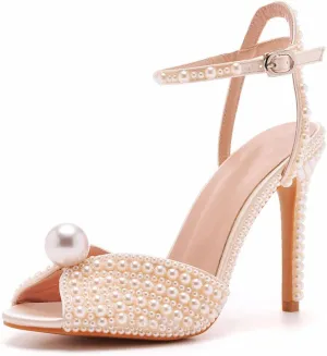 Arqa Pearl Heels for Women Peep Toe Ankle Strap Sandals Satin Wedding High Heels Dress Slingback Stiletto