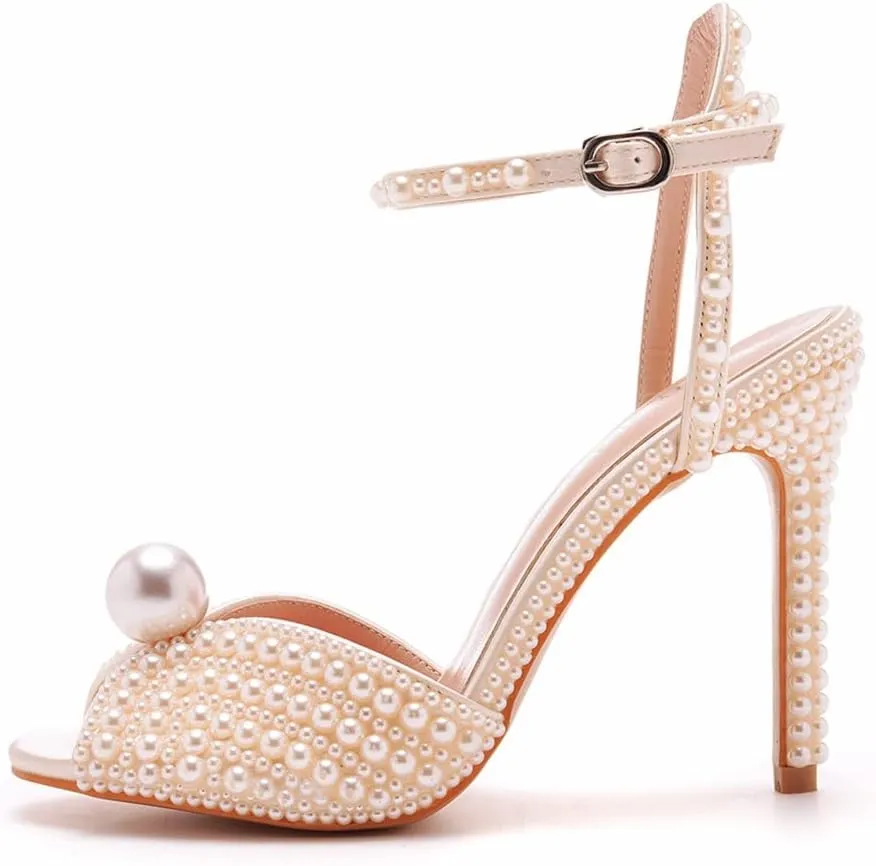 Arqa Pearl Heels for Women Peep Toe Ankle Strap Sandals Satin Wedding High Heels Dress Slingback Stiletto