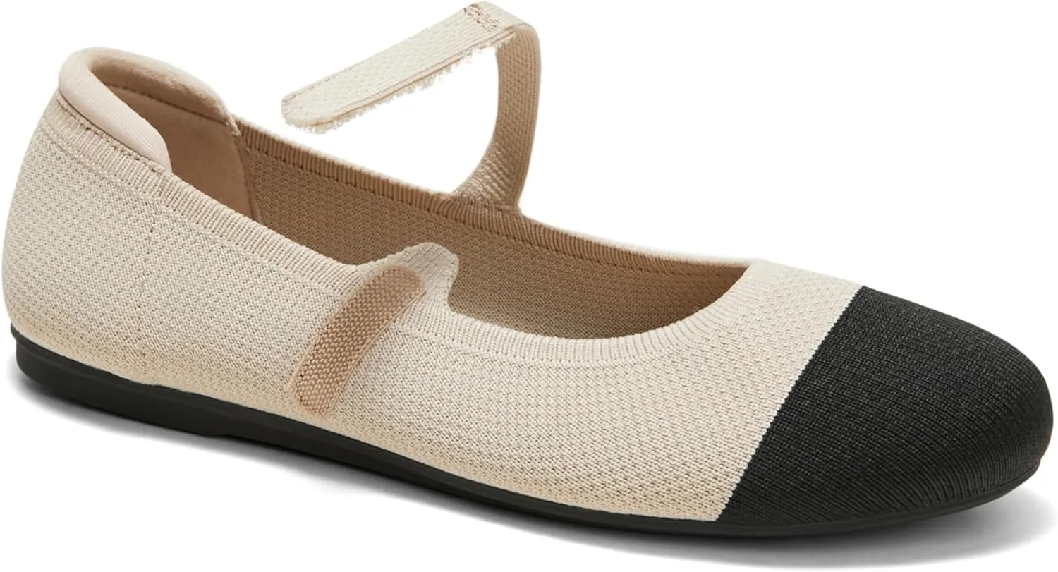Arromic Ballet Flats for Women Round Toe Mary Jane Shoes Comfortable Dressy Women Flats Adjustable Straps Washable Knit Slip On Shoes