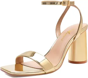 Athlefit Women's Strappy Chunky Block Heels Fashion Square Open Toe Heeled Sandals Ankle Strap Wedding Party Shoes
