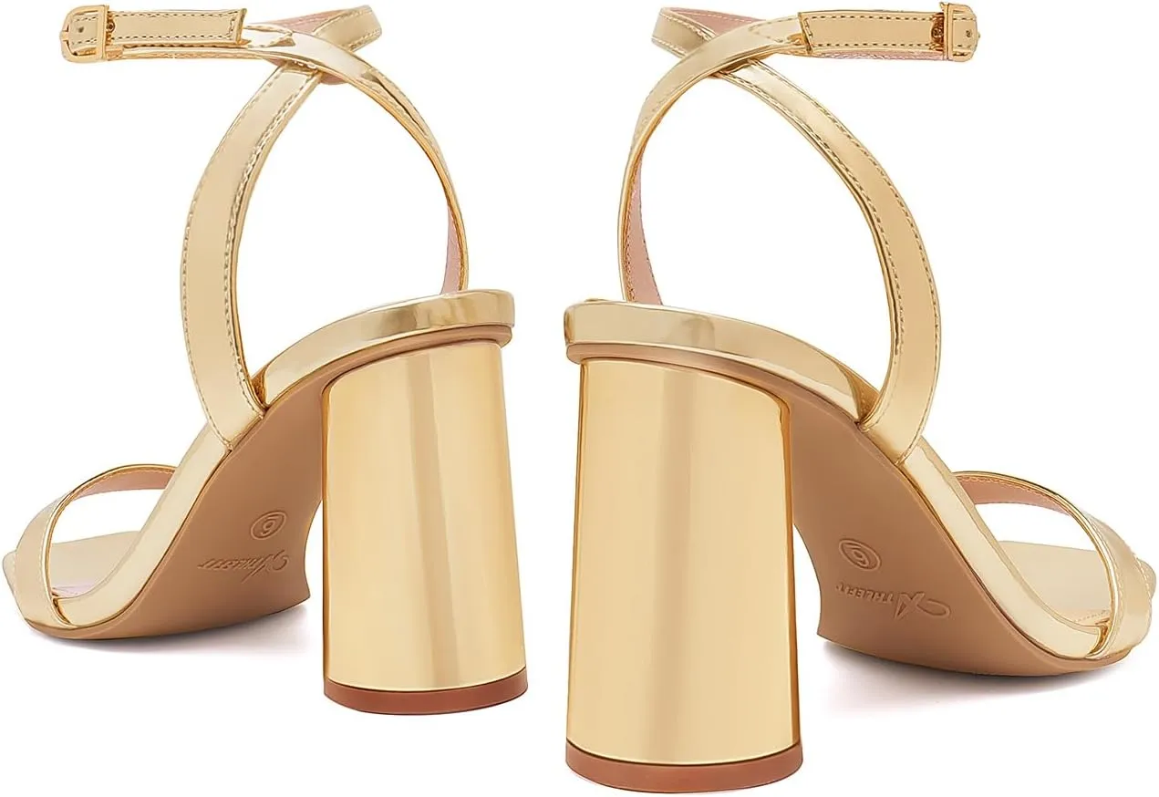 Athlefit Women's Strappy Chunky Block Heels Fashion Square Open Toe Heeled Sandals Ankle Strap Wedding Party Shoes