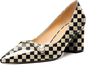 AUMOTED Women's Chunky Block Heel Pumps Pointed Toe Slip On Chunky Pearl Heels Ladies Work Office Dress Shoes 2.5 Inches