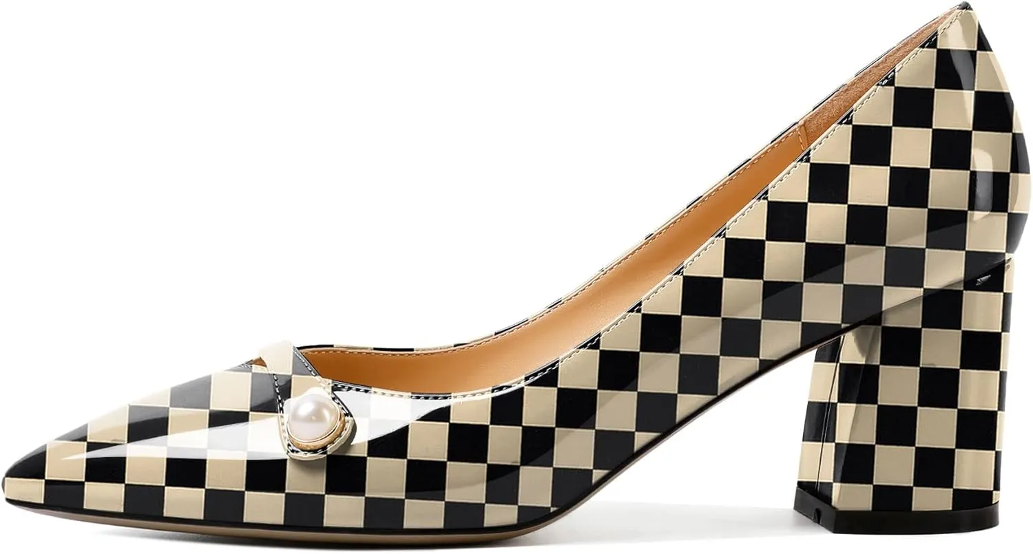 AUMOTED Women's Chunky Block Heel Pumps Pointed Toe Slip On Chunky Pearl Heels Ladies Work Office Dress Shoes 2.5 Inches