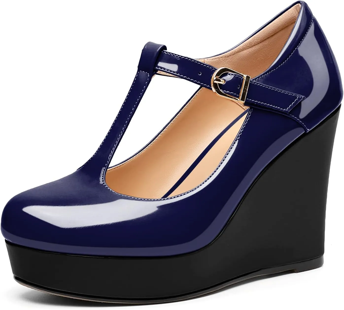 AUMOTED Women's Wedge Heel Pumps Dating Platform High Heel Pump Closed Round Toe Heels Patent Platform Pumps T-Strap Buckle Solid Wedge Heels Dress Party Shoes 4 Inch