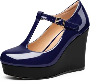 AUMOTED Women's Wedge Heel Pumps Dating Platform High Heel Pump Closed Round Toe Heels Patent Platform Pumps T-Strap Buckle Solid Wedge Heels Dress Party Shoes 4 Inch