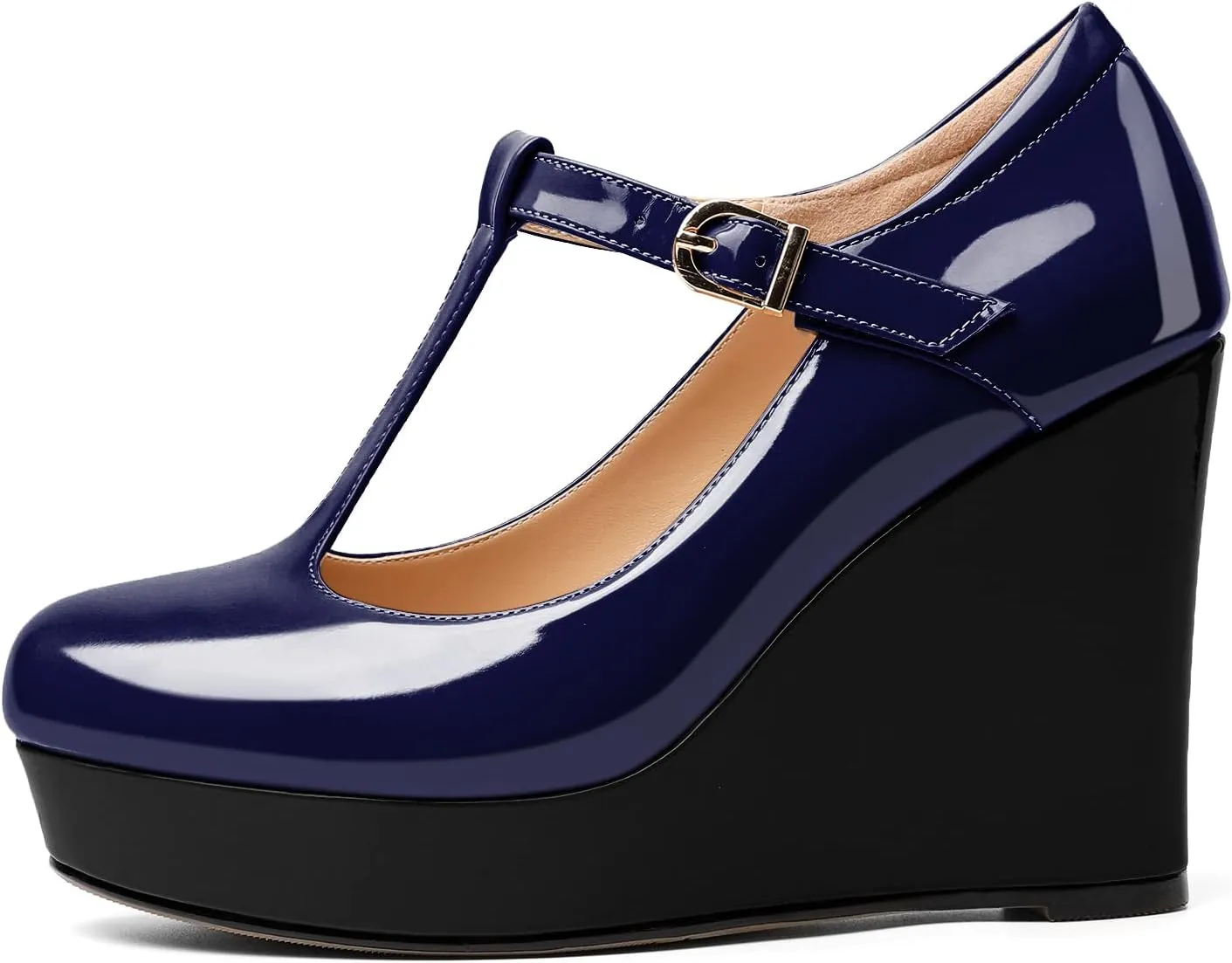 AUMOTED Women's Wedge Heel Pumps Dating Platform High Heel Pump Closed Round Toe Heels Patent Platform Pumps T-Strap Buckle Solid Wedge Heels Dress Party Shoes 4 Inch