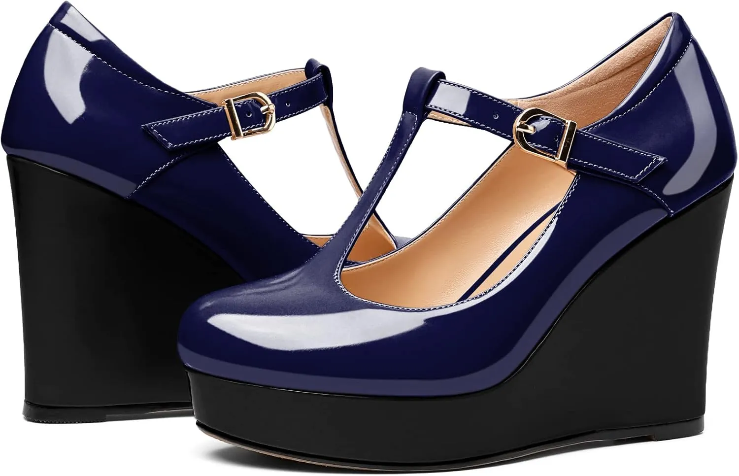 AUMOTED Women's Wedge Heel Pumps Dating Platform High Heel Pump Closed Round Toe Heels Patent Platform Pumps T-Strap Buckle Solid Wedge Heels Dress Party Shoes 4 Inch