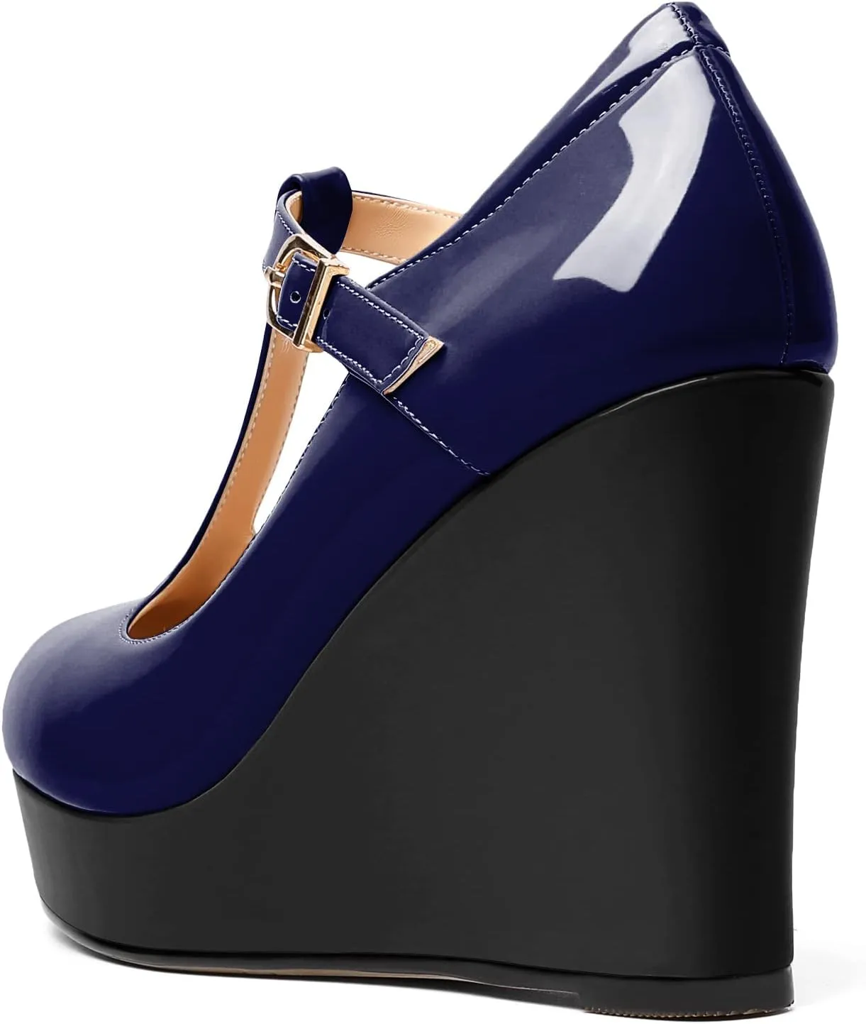 AUMOTED Women's Wedge Heel Pumps Dating Platform High Heel Pump Closed Round Toe Heels Patent Platform Pumps T-Strap Buckle Solid Wedge Heels Dress Party Shoes 4 Inch