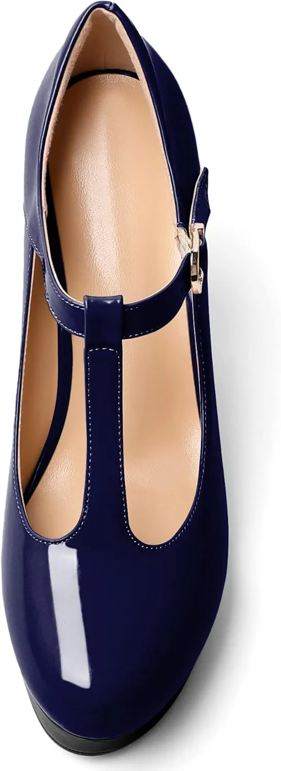AUMOTED Women's Wedge Heel Pumps Dating Platform High Heel Pump Closed Round Toe Heels Patent Platform Pumps T-Strap Buckle Solid Wedge Heels Dress Party Shoes 4 Inch