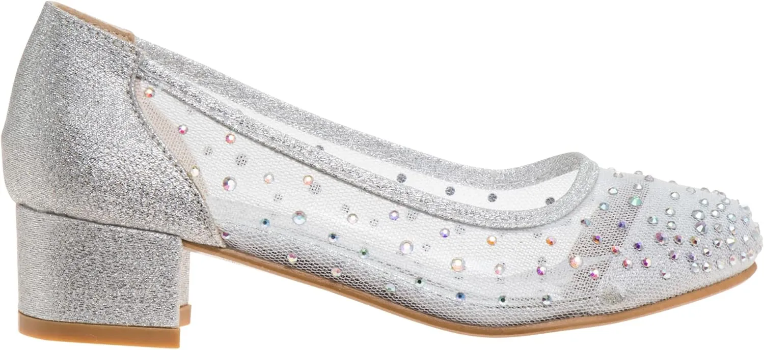Badgley Mischka Girl's Rosa Rhinestone Studded Mesh Heel Dress Closed Toe Pumps (Little Big Kid)