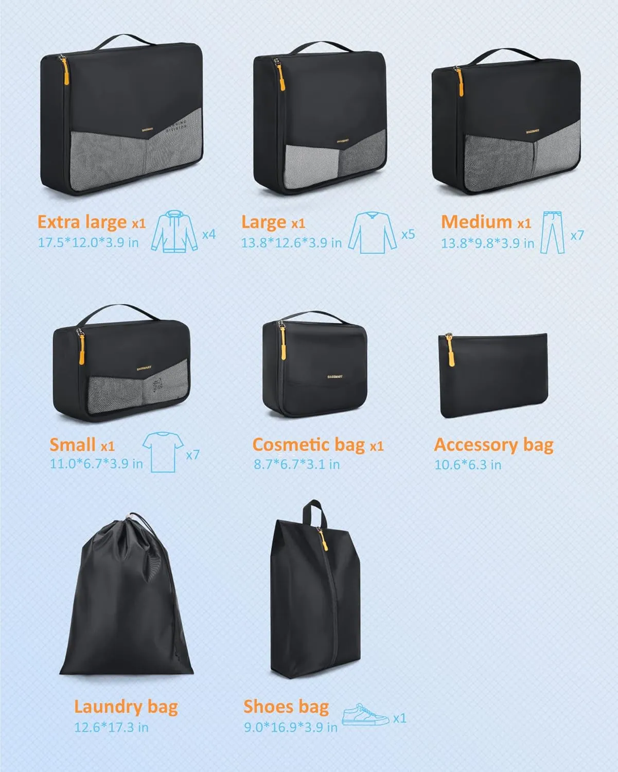 BAGSMART Packing Cubes for Suitcase, 8 Set Travel Organizers, Lightweight Cubes With Laundry Bag, Durable Luggage Organizer Set With Shoe Bag